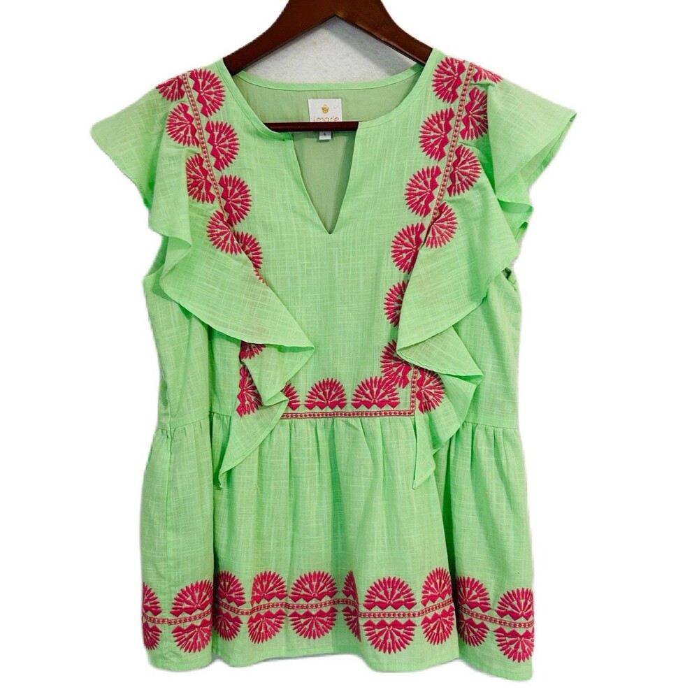 J.Marie Blouse Women S Green Pink Cotton Blend Embroidery Ruffle Boho Resort